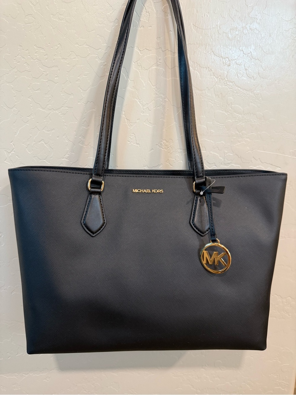Michael Kors Black Leather Tote with Gold MK Charm